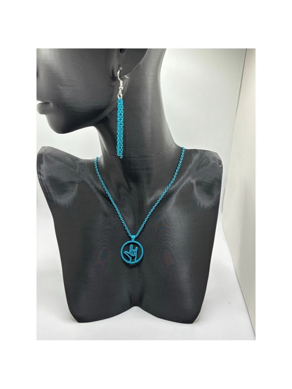 I Love You Hand Sign Necklace Earring Set Teal NWOT - Picture 2 of 5